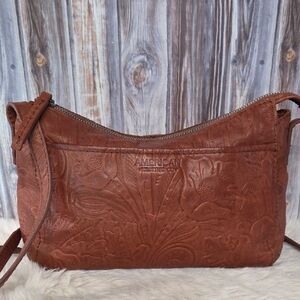 American West Embossed Tan Leather Crossbody Bag